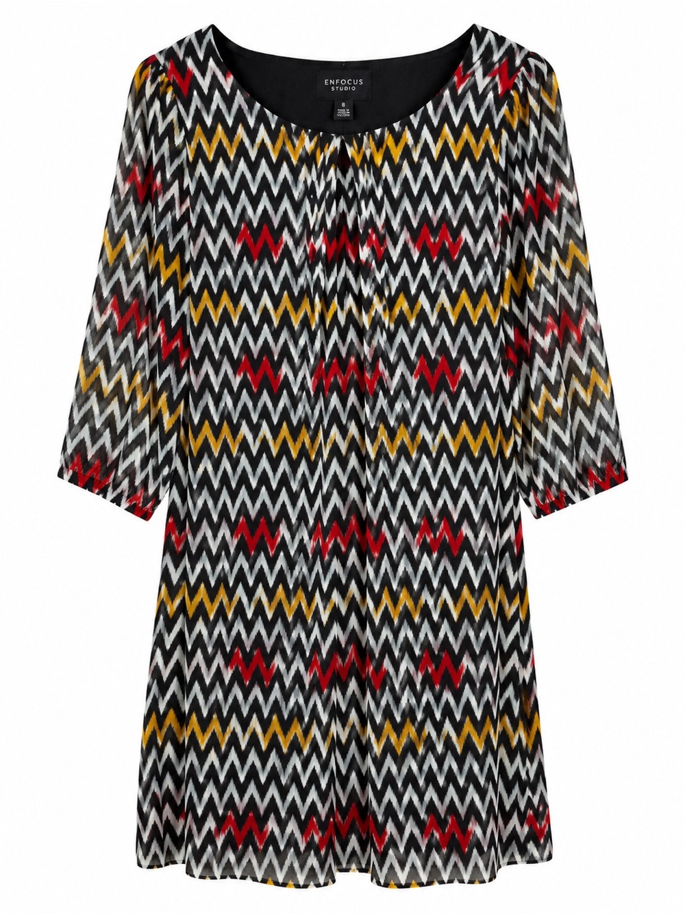 Enfocus Studio Women’s Size 8 Chevron Print Lined Shift Dress Sheer Sleeve
